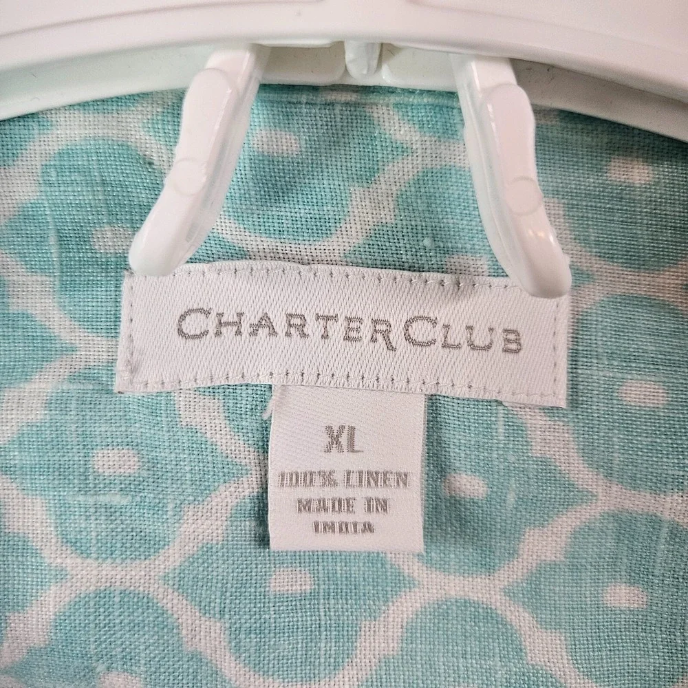 Charter Club Linen Shirt Top Women XL Button‎ Long Sleeve Geometric White Green